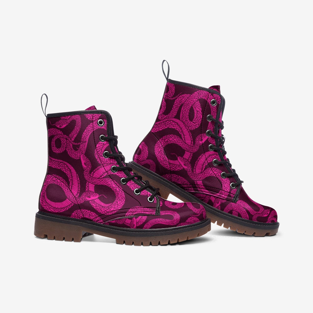 Magenta Snake Combat Boots, Witchy Punk Lace Up Shoes, Alt Girl Festival Footwear, Venom Print Grunge Boots,Gothic Reptile Aesthetic Fashion