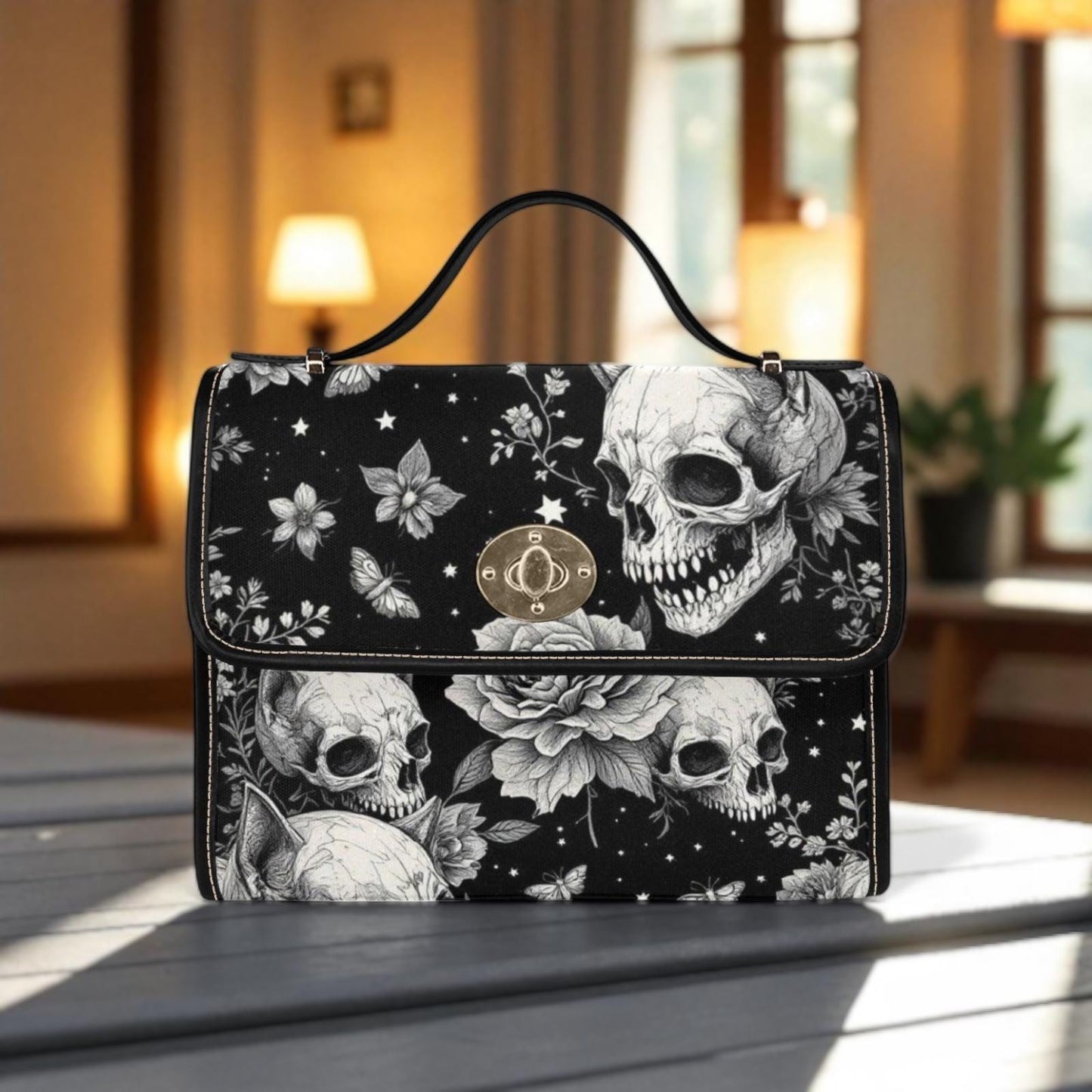 Rose skull pattern satchel, black floral crossbody purse, eerie butterfly print handbag, illustrated bones shoulder bag,vintage creepy purse