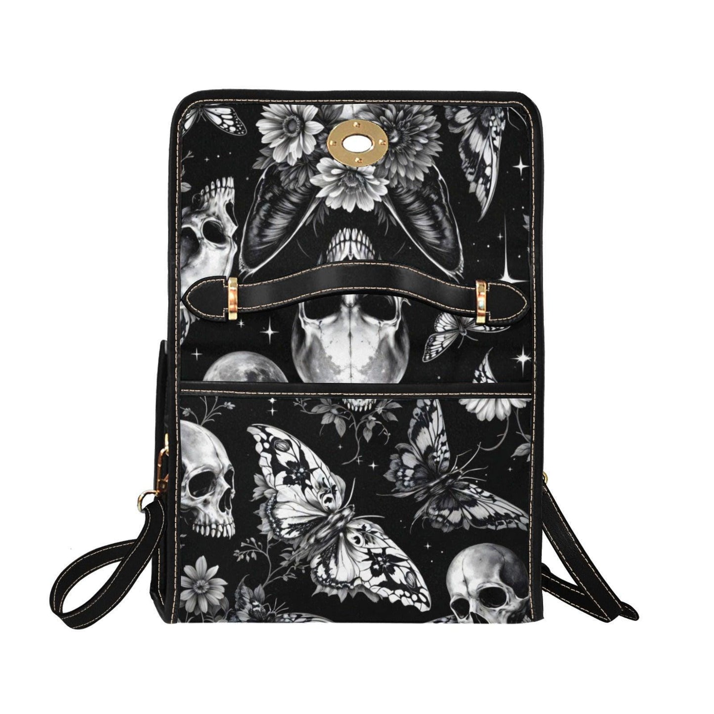 Fantasy familiar satchel bag, moth wing cat skull purse, butterfly skull crossbody, dark floral headpiece handbag, eerie fashion accessory