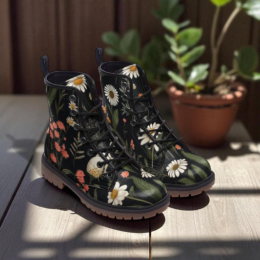 Wildflower print combat boots, cottagecore garden lace up shoes, daisy and floral ankle boots, whimsical nature walking boots,bloom footwear