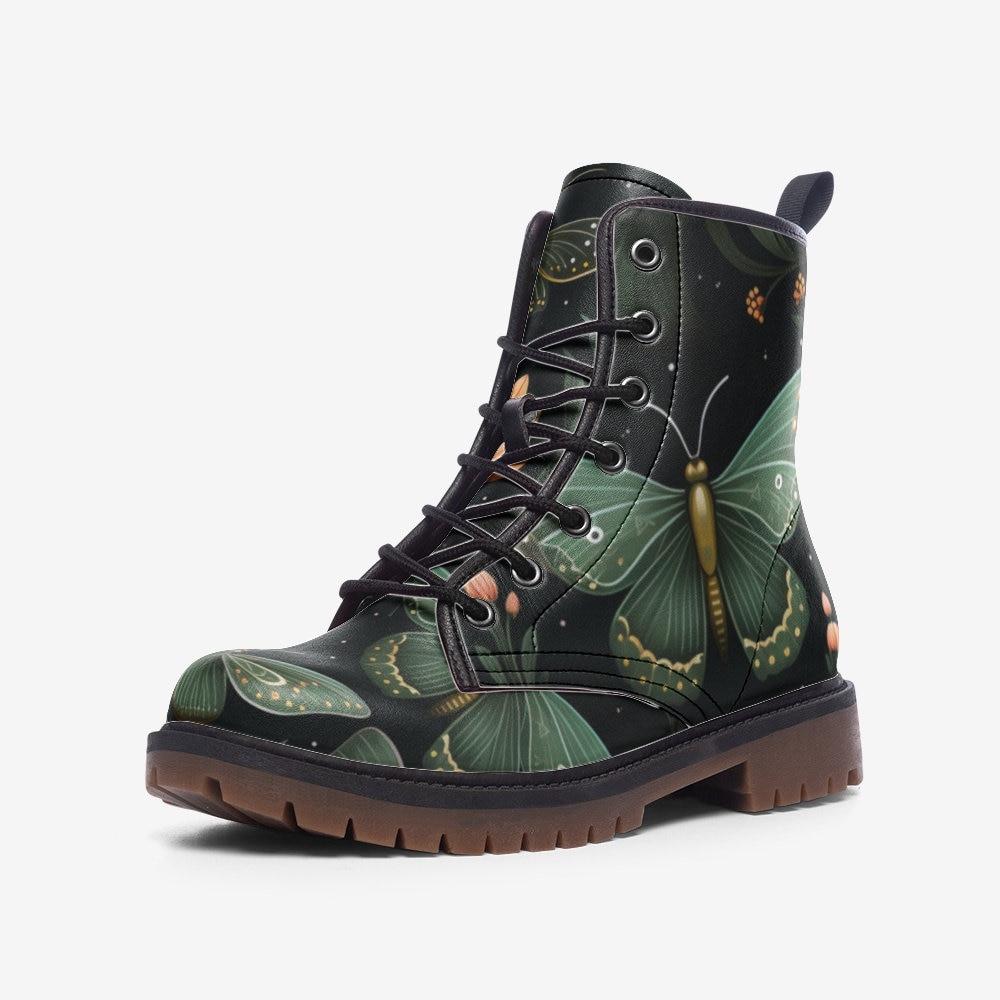 Green moth print boots, enchanted insect lace up shoes, whimsical nature ankle boots, botanical moth footwear, mystical forest combat boots