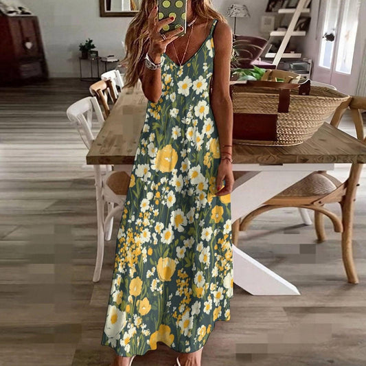 Yellow Floral Maxi Dress, Cottagecore Garden Dress, Soft Girl Spring Sundress, Retro Daisy Print Summer Outfit, Romantic Meadow Slip Dress