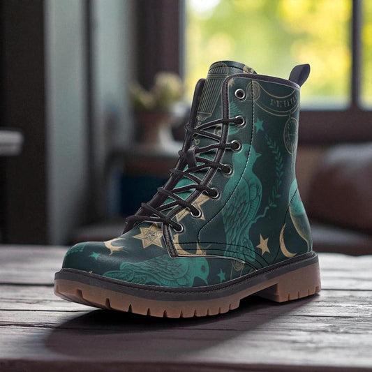 Mystic raven combat boots, enchanted bird lace up shoes, celestial raven footwear, forest night ankle boots, witchy raven festival shoes