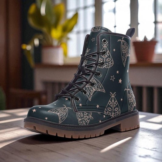 Line art moth boots, celestial insect lace up shoes, mystical night combat boots, starry moth pattern footwear, enchanted moth ankle boots