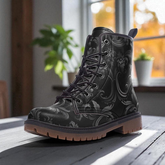 Black baroque floral boots, dark vintage lace up shoes, ornate pattern combat boots, elegant gothic style footwear,baroque print ankle boots