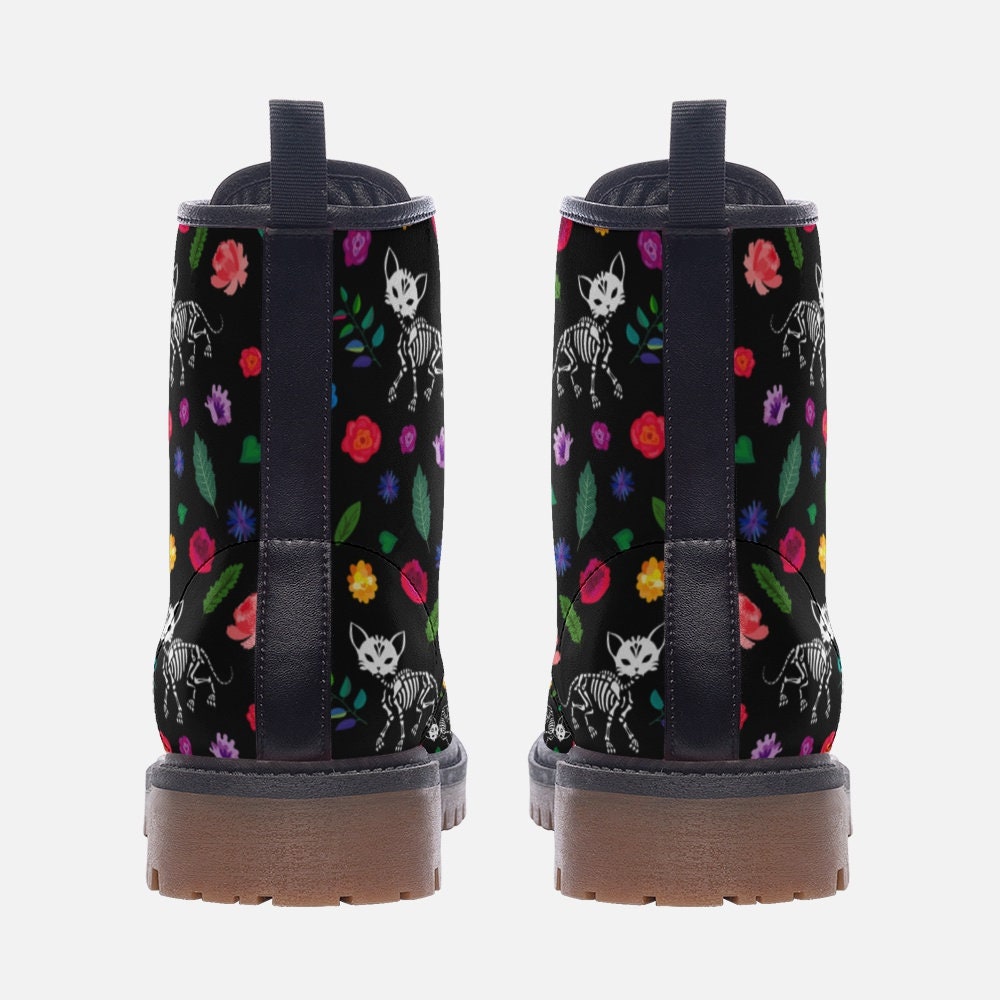 Skeleton Cat Combat Boots, Goth Floral Festival Boots, Dark Fairycore Footwear, Witchy Cat Print Shoes, Alt Pet Aesthetic Gear, Spooky Cute