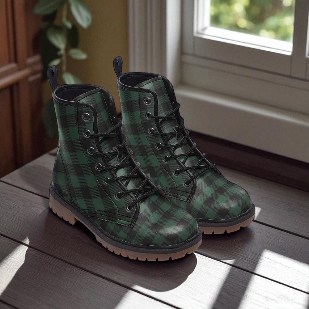 Dark Green Plaid Combat Boots, Witchy Grunge Fall Outfit, Vintage Punk Festival Shoes, Soft Goth Alt Girl Fashion, Gingham Platform Boots