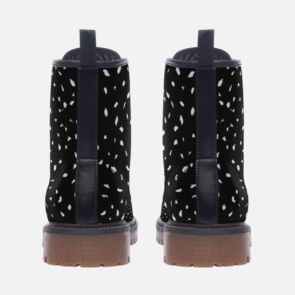 Terrazzo Print Combat Boots, black white festival shoes, witchy streetwear footwear, grunge hiking boots for her, goth winter ankle boots