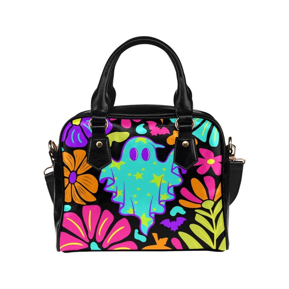 Neon ghost floral purse, psychedelic Halloween handbag, retro spooky satchel, trippy ghost crossbody bag, colorful witchy shoulder purse