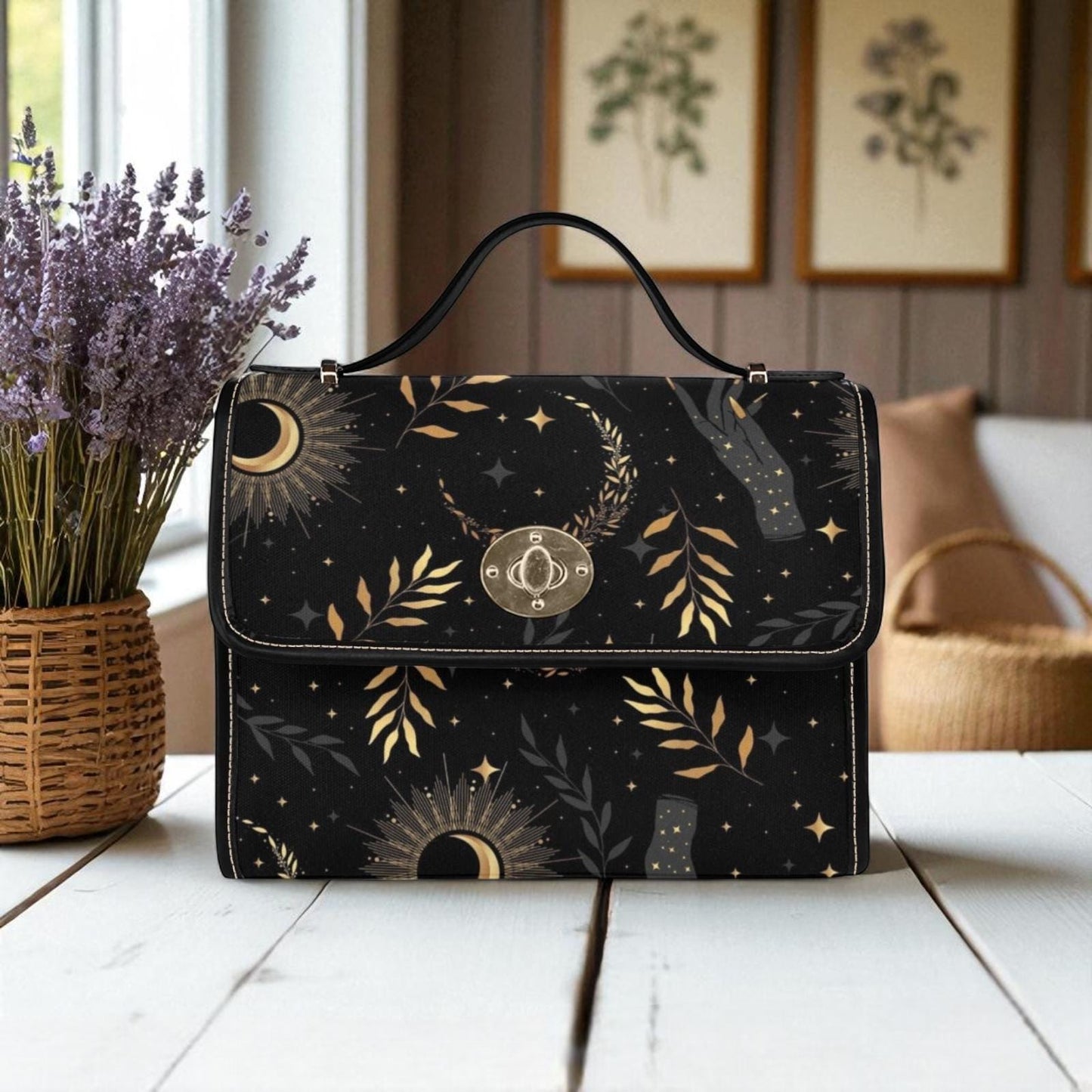 Gold Celestial Print, Witchy Black Purse, Moon Phase Crossbody Bag, Starry Sky Aesthetic, Occult Inspired Style, Dark Cosmic Gift Idea