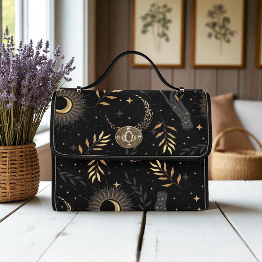 Gold Celestial Print, Witchy Black Purse, Moon Phase Crossbody Bag, Starry Sky Aesthetic, Occult Inspired Style, Dark Cosmic Gift Idea