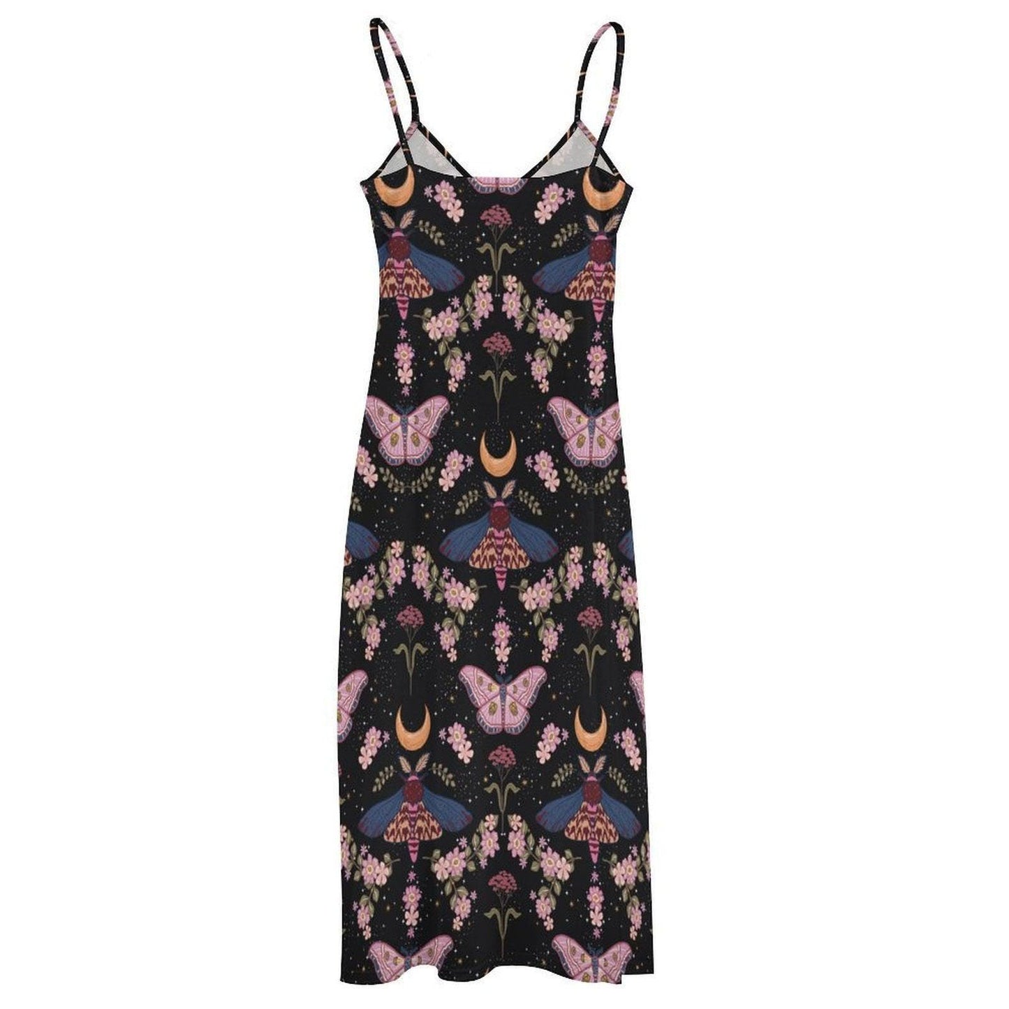 Moon moth floral dress, Witchcore butterfly summer gown, Crescent moon boho sundress, Fairy goth garden outfit, Celestial black maxi look