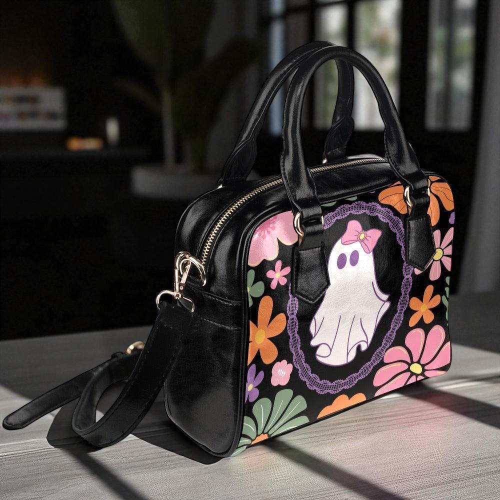 Retro Floral Ghost Bag, Pastel Halloween Satchel, Cute Witchy Purse, Spooky Vintage Handbag, Kawaii Bow Ghost Tote, Haunted Shoulder Bag