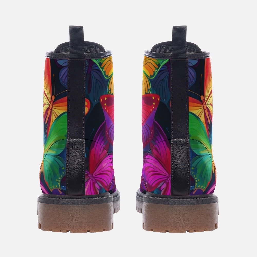 Rainbow butterfly combat boots, fairycore festival lace up shoes, psychedelic rave platform footwear, enchanted insect print ankle boots