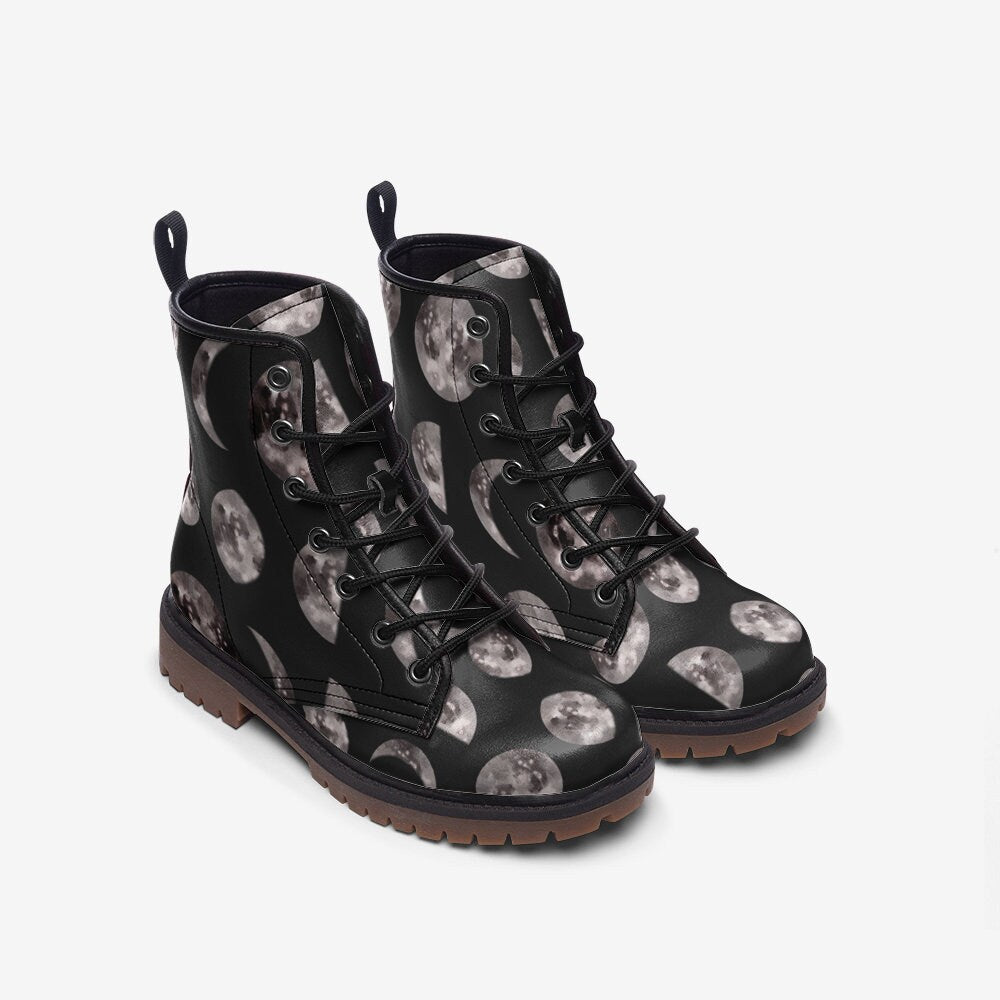 Lunar cycle shoes, dark moon boots, eclipse phase footwear, celestial orbit lace ups, enchanted night shoes, mystical boots, astral footwear