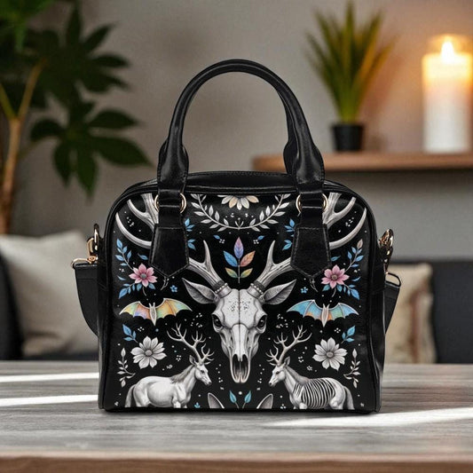 Mystical Deer Skull Bag, Occult Bat Purse, Dark Fantasy Satchel, Witchy Forest Handbag, Enchanted Ritual Tote, Pagan Festival Shoulder Bag