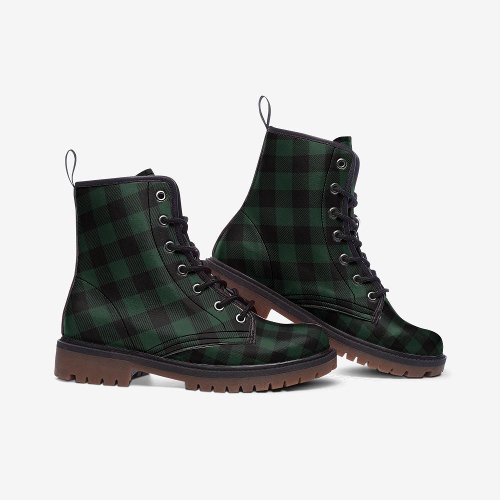 Dark Green Plaid Combat Boots, Witchy Grunge Fall Outfit, Vintage Punk Festival Shoes, Soft Goth Alt Girl Fashion, Gingham Platform Boots
