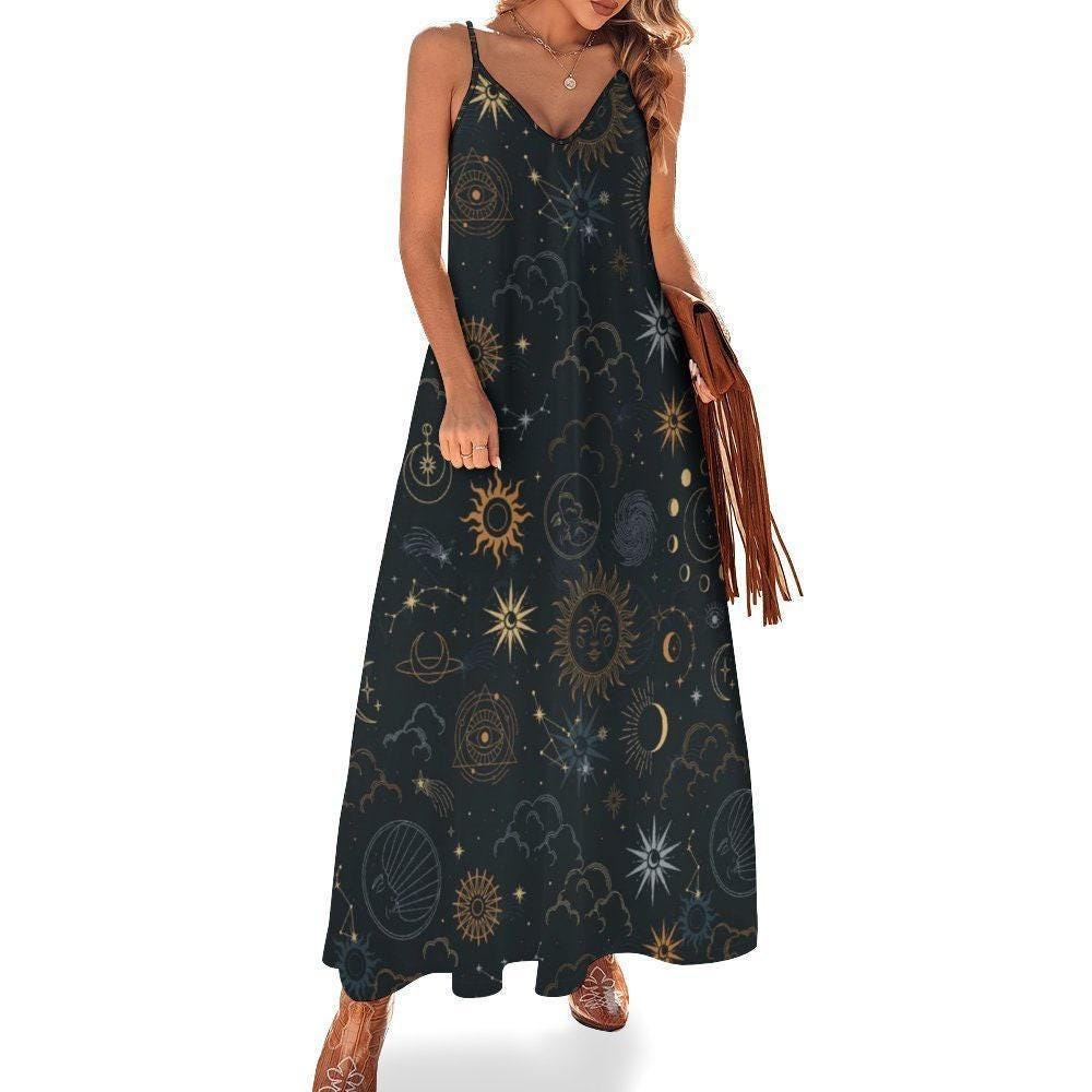 Celestial Sun Moon Dress, Black Astrology Maxi Dress, Starry Sky Spiritual Outfit, Witchcore Planet Print Dress, osmic Universe Boho Fashion
