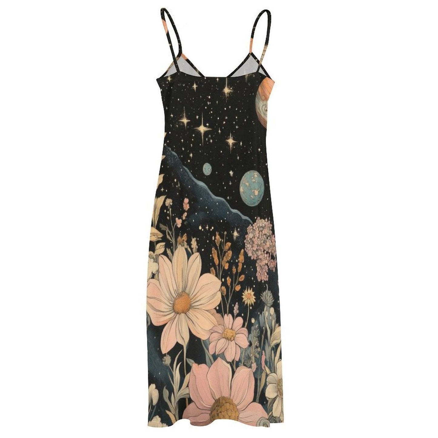 Cosmic flower garden dress, Galaxy print maxi sundress, Celestial night floral outfit, Starry witchcore boho gown, Moon and daisies design