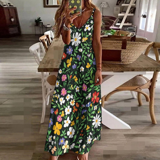 Wildflower Garden Maxi Dress, Green Floral Cottagecore Sundress, Colorful Flower Print Summer Outfit, Nature Inspired Picnic Dress,Soft Girl