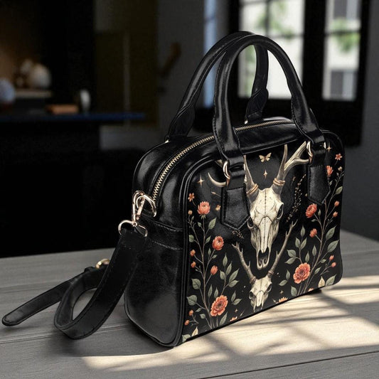 Deer skull floral handbag, witchy occult purse, antler skull satchel, spooky forest crossbody, dark floral handbag, mystical skull purse