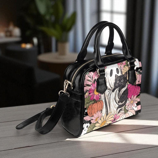 floral ghost cat handbag, retro halloween satchel bag, witchy pumpkin crossbody, haunted autumn floral purse, spooky cottagecore handbag