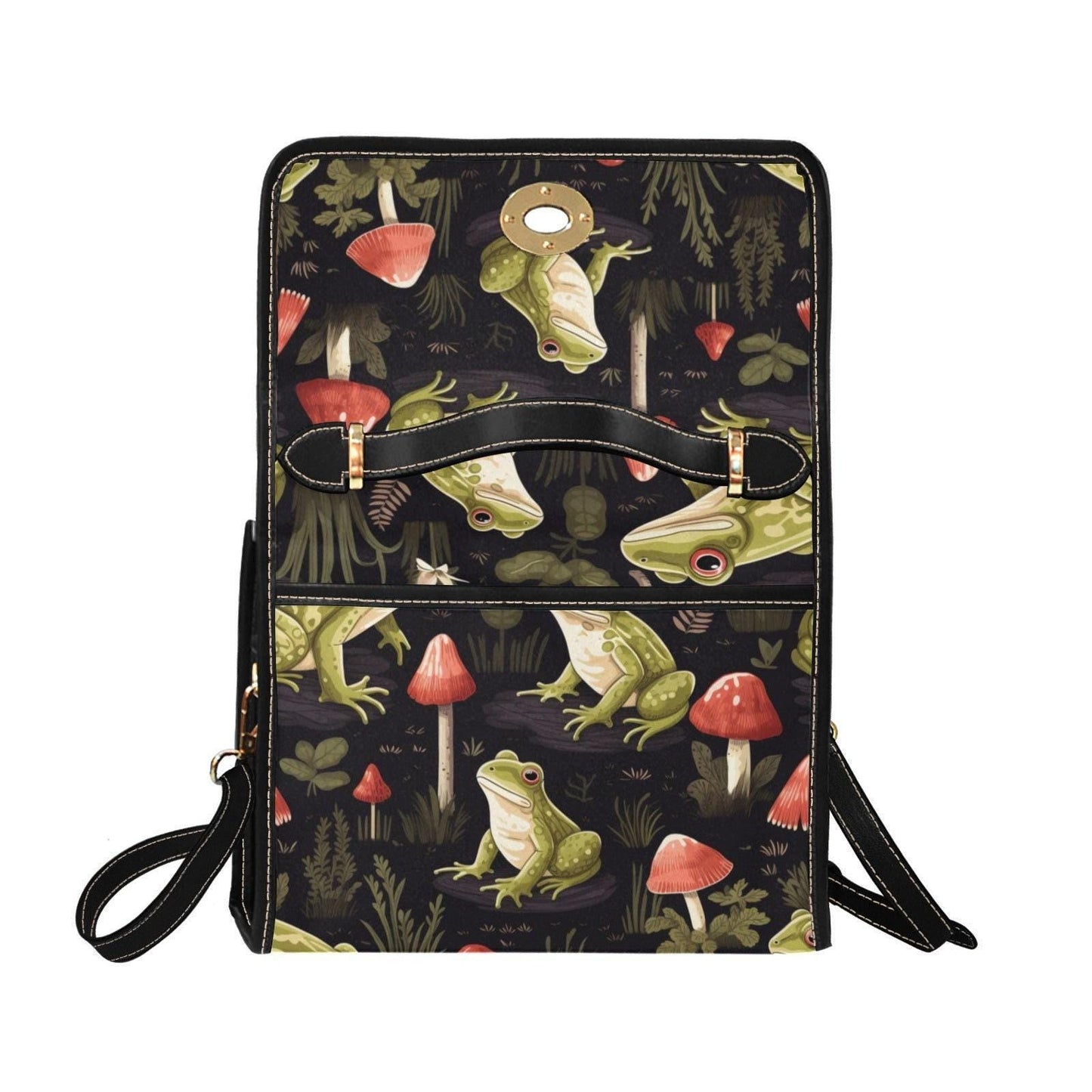 Goblincore frog shoulder bag, forest witch canvas purse, mushroom garden crossbody satchel, alt cryptid aesthetic nature gift idea