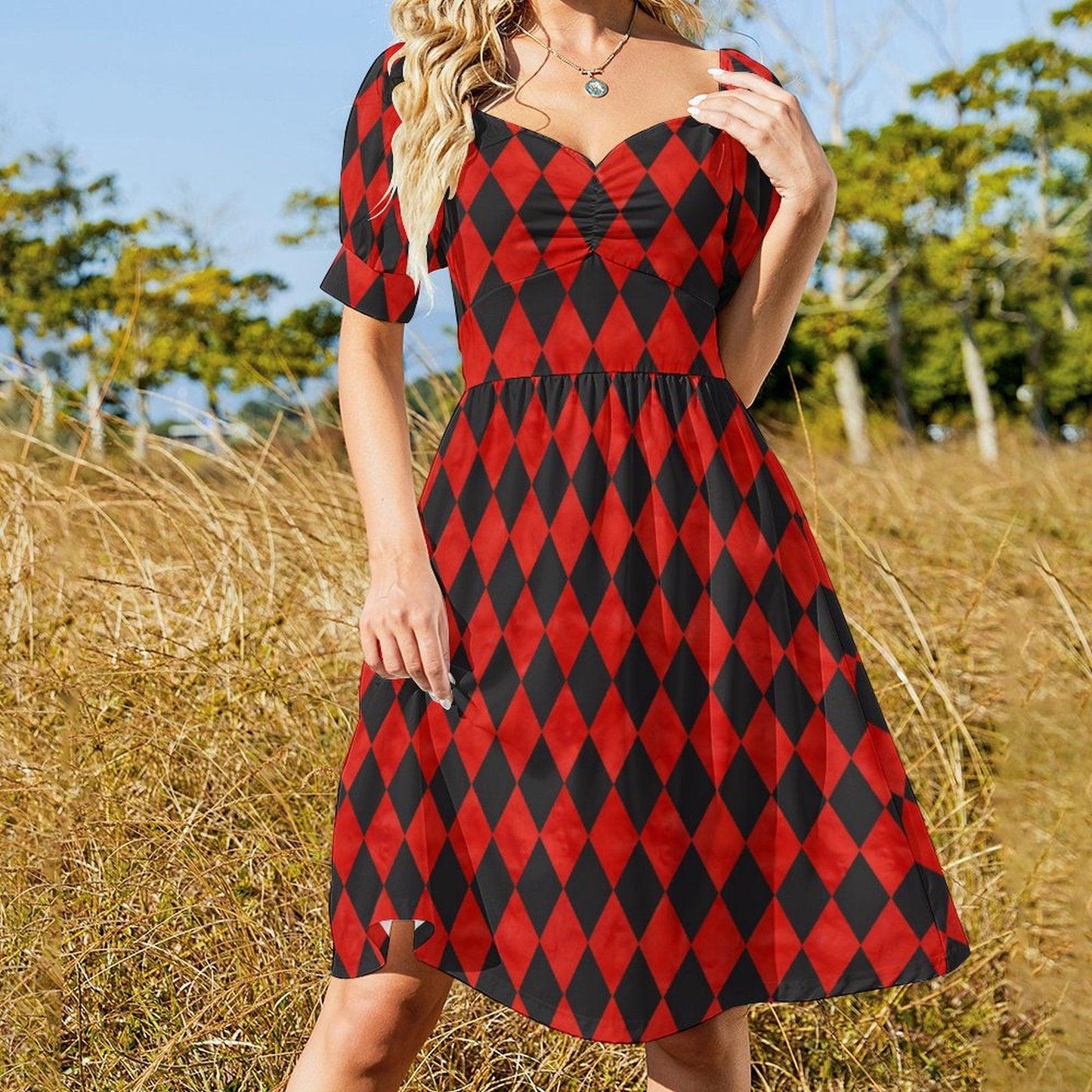 Red harlequin puff sleeve dress, Alice in Wonderland costume, gothic carnival party dress, sweetheart mini fantasy outfit, fairytale style