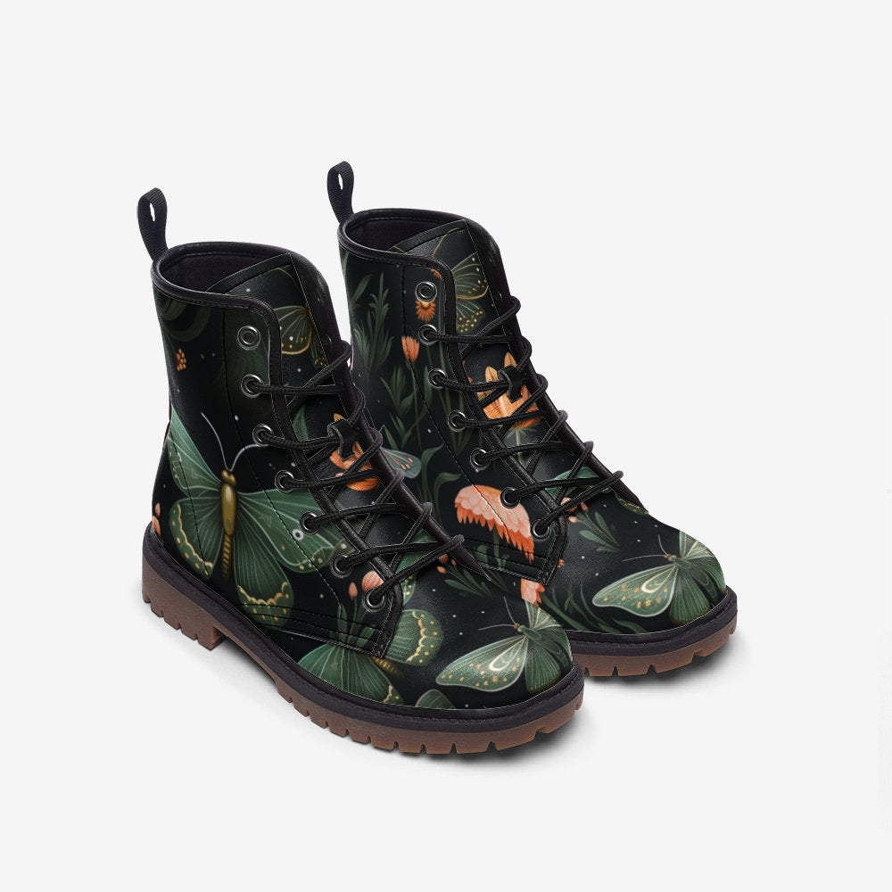 Green moth print boots, enchanted insect lace up shoes, whimsical nature ankle boots, botanical moth footwear, mystical forest combat boots