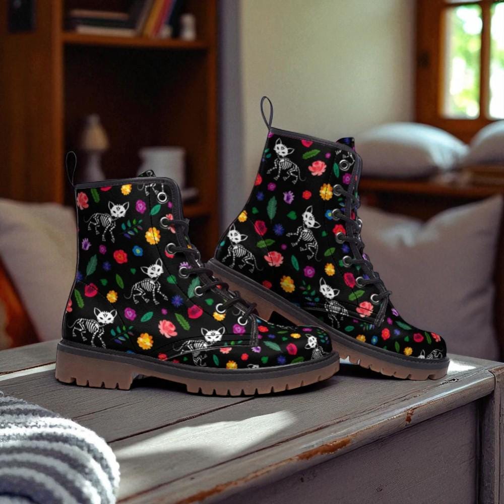 Skeleton Cat Combat Boots, Goth Floral Festival Boots, Dark Fairycore Footwear, Witchy Cat Print Shoes, Alt Pet Aesthetic Gear, Spooky Cute