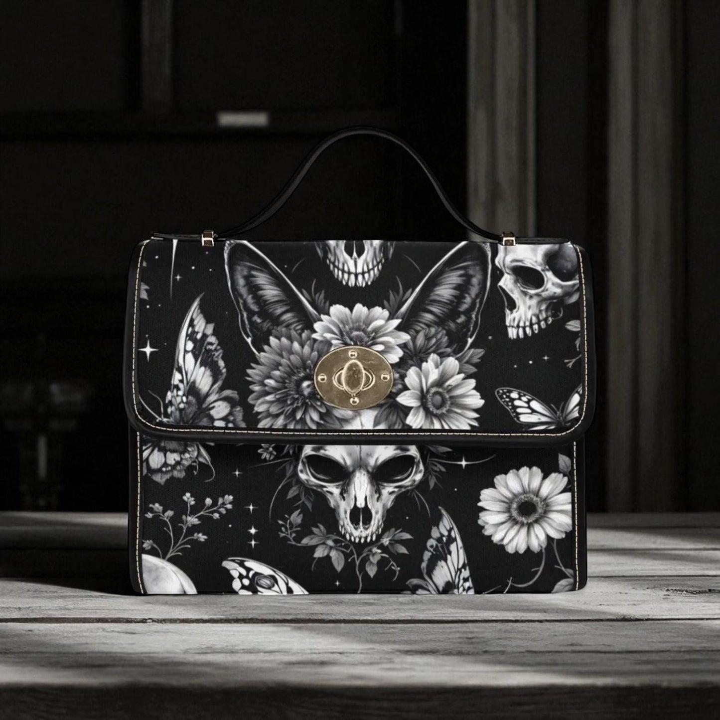Fantasy familiar satchel bag, moth wing cat skull purse, butterfly skull crossbody, dark floral headpiece handbag, eerie fashion accessory