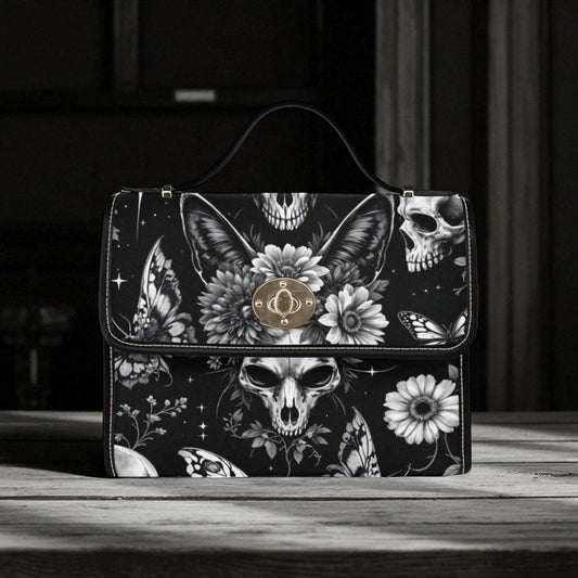 Fantasy familiar satchel bag, moth wing cat skull purse, butterfly skull crossbody, dark floral headpiece handbag, eerie fashion accessory