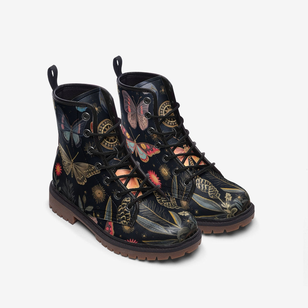 Celestial butterfly combat boots, mystical insect lace up shoes, astrology inspired ankle boots, starry moth pattern footwear,Festival boots