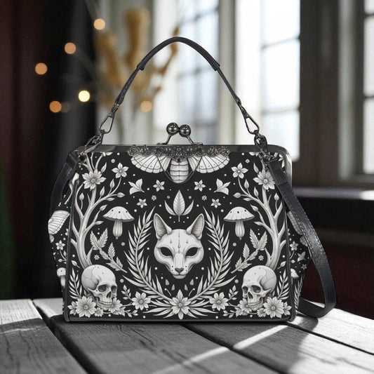 Fox skull moth purse, woodland occult shoulder bag, forest witch frame handbag, skull and mushroom top handle purse, cottagecore spell bag