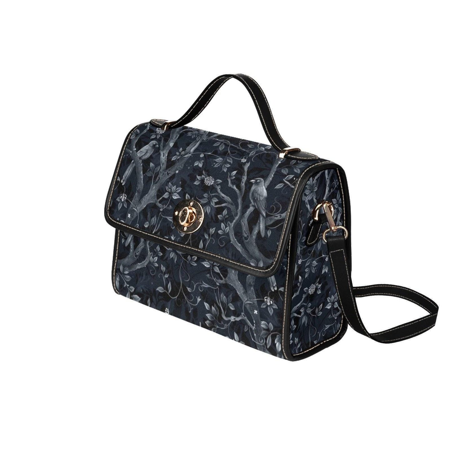 Gothic Satchel Bag with Raven and Forest Print, Witchcore Shoulder Bag for Dark Academia Aesthetic, Mystical Nature-Inspired Purse