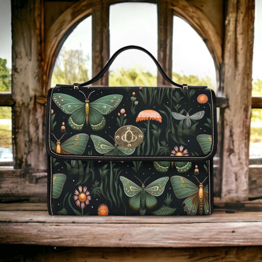 a handbag with butterflies on it sitting on a window sill