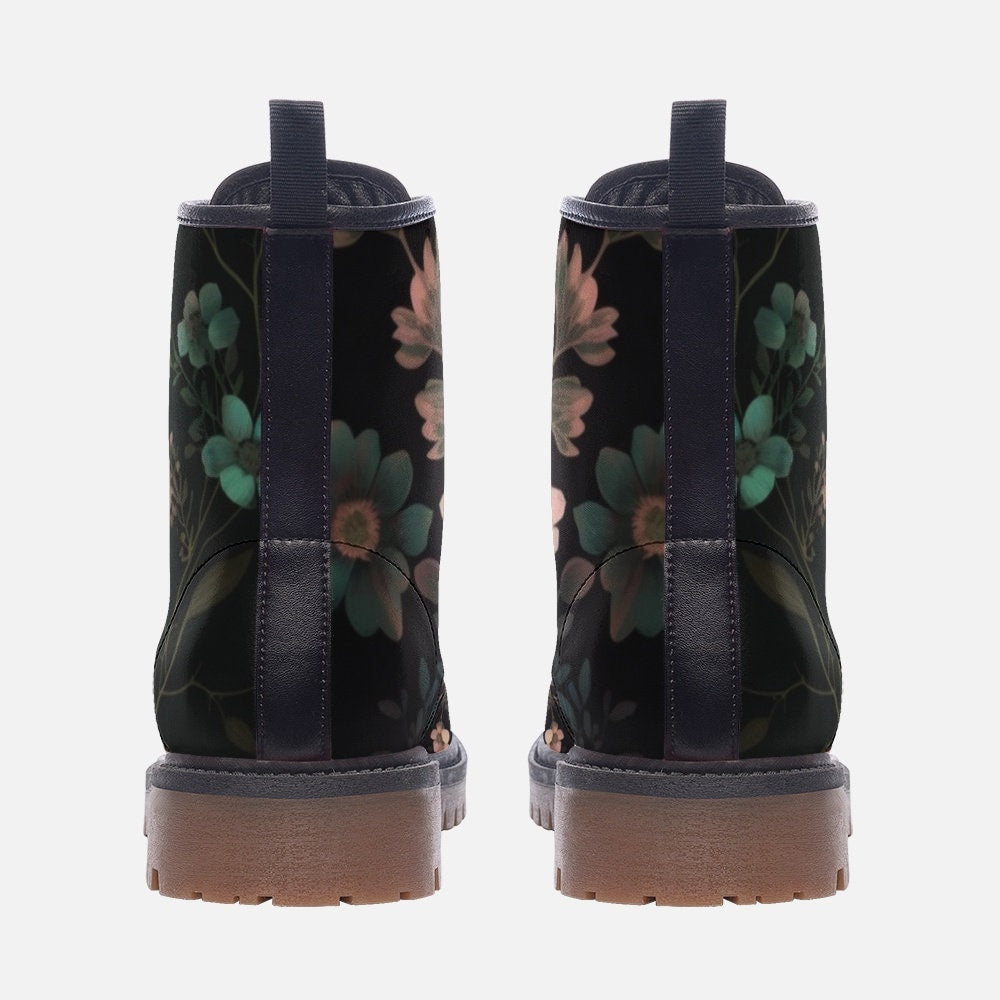 Dark floral combat boots, moody flower lace up shoes, vintage garden ankle boots, botanical print walking boots, Floral style footwear