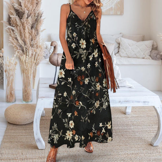 Dark Cottagecore Maxi Dress, Dark Floral Pattern Dress, Wildflower Motif Dress, Witchy Maxi Dress, Fairy Grunge Dress, Whimsigoth Maxi Dress