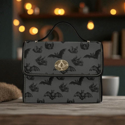 Bat Gothic Purse, Canvas Satchel bag, Vegan Hand Bag Goth Bag, Halloween Costume Adult Cosplay, Cute Black Witch women cross body purse