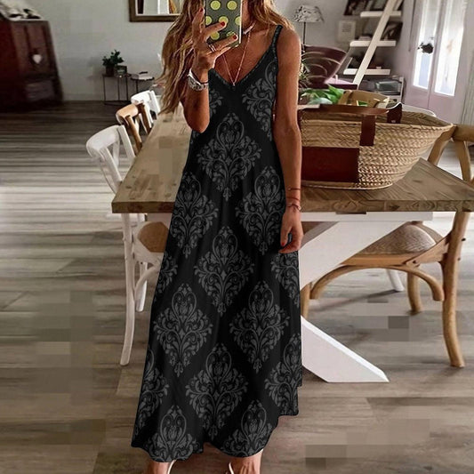 Black Damask Maxi Dress, Gothic Baroque Slip Dress, Dark Romantic Summer Outfit, Elegant Spaghetti Strap Dress, Soft Goth Aesthetic Clothing