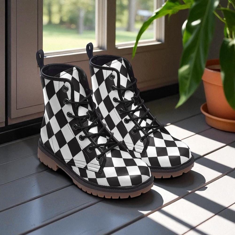 Black white diamond boots, monochrome punk lace up, alt harlequin goth shoes, checkered rave boots, emo festival shoes, punk checker boots