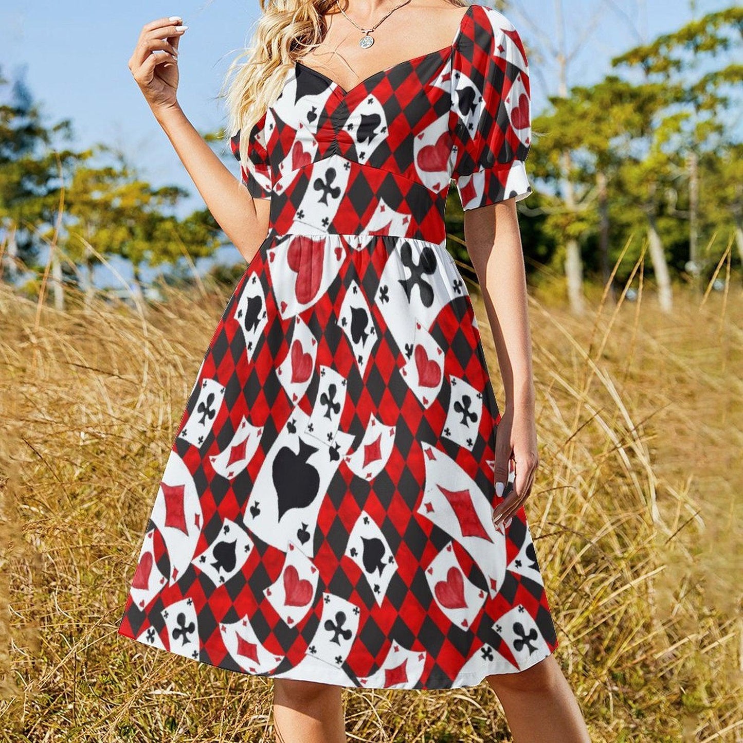 Card suit party dress, Alice inspired puff sleeve, queen of hearts mini dress, whimsical fairytale outfit, sweetheart themed fantasy dress
