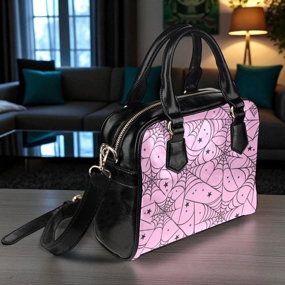 Pink Spiderweb Handbag with Star Pattern, Pastel Goth Purse for Halloween Outfits, Cute Witchy Crossbody Satchel,Kawaii Creepy Aesthetic Bag