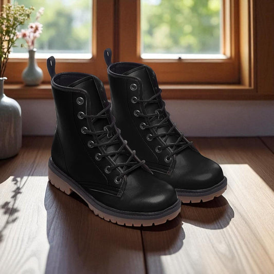 Black Combat Fairycore Boots, Vegan Lace Up Platform Boots for Witches, Gothic Grunge Ankle Booties, Chunky Soft Girl Fall Footwear