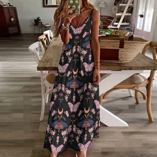 Moon moth floral dress, Witchcore butterfly summer gown, Crescent moon boho sundress, Fairy goth garden outfit, Celestial black maxi look