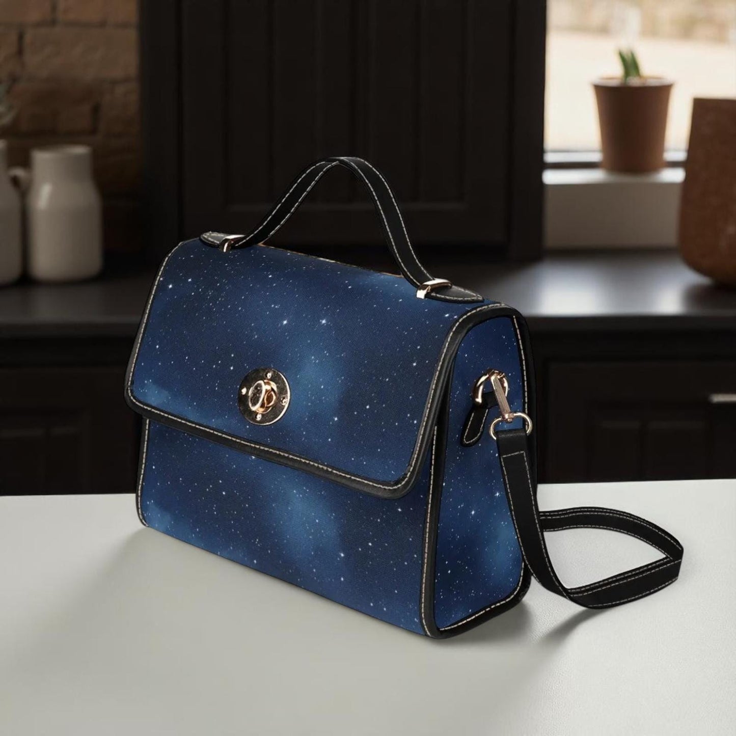 Starry Sky Satchel, Celestial Galaxy Print Purse, Dark Blue Space Handbag with Stars, Cosmic Aesthetic Alt Bag, Witchy Galaxy Gift