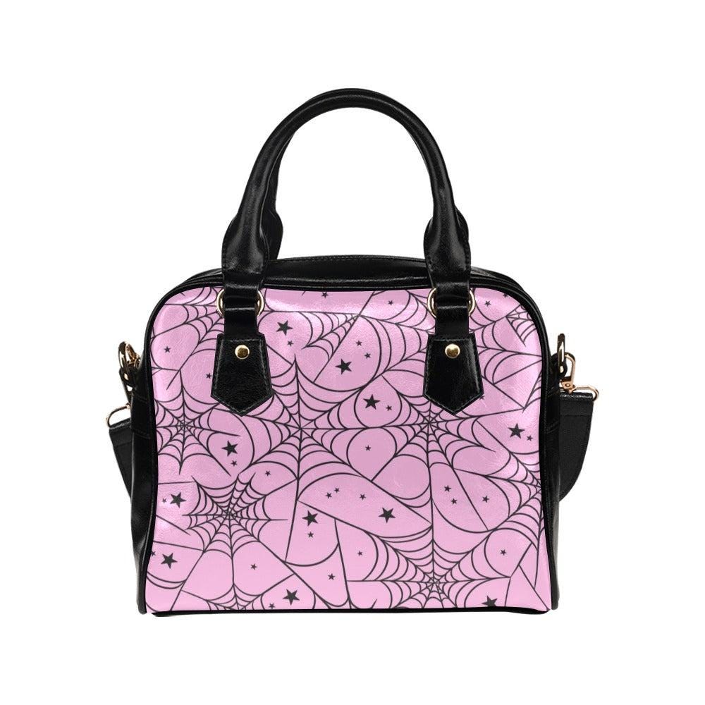 Pink Spiderweb Handbag with Star Pattern, Pastel Goth Purse for Halloween Outfits, Cute Witchy Crossbody Satchel,Kawaii Creepy Aesthetic Bag