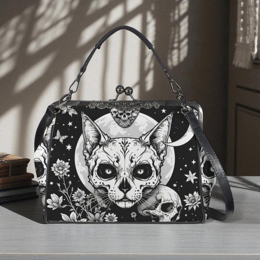 Gothic Cat Skull Bag, Dark Feline Handbag, Witchy Crossbody Purse, Skull Moon Evening,Occult Cat Accessory,Spooky Kitty Clutch,Mystical Goth