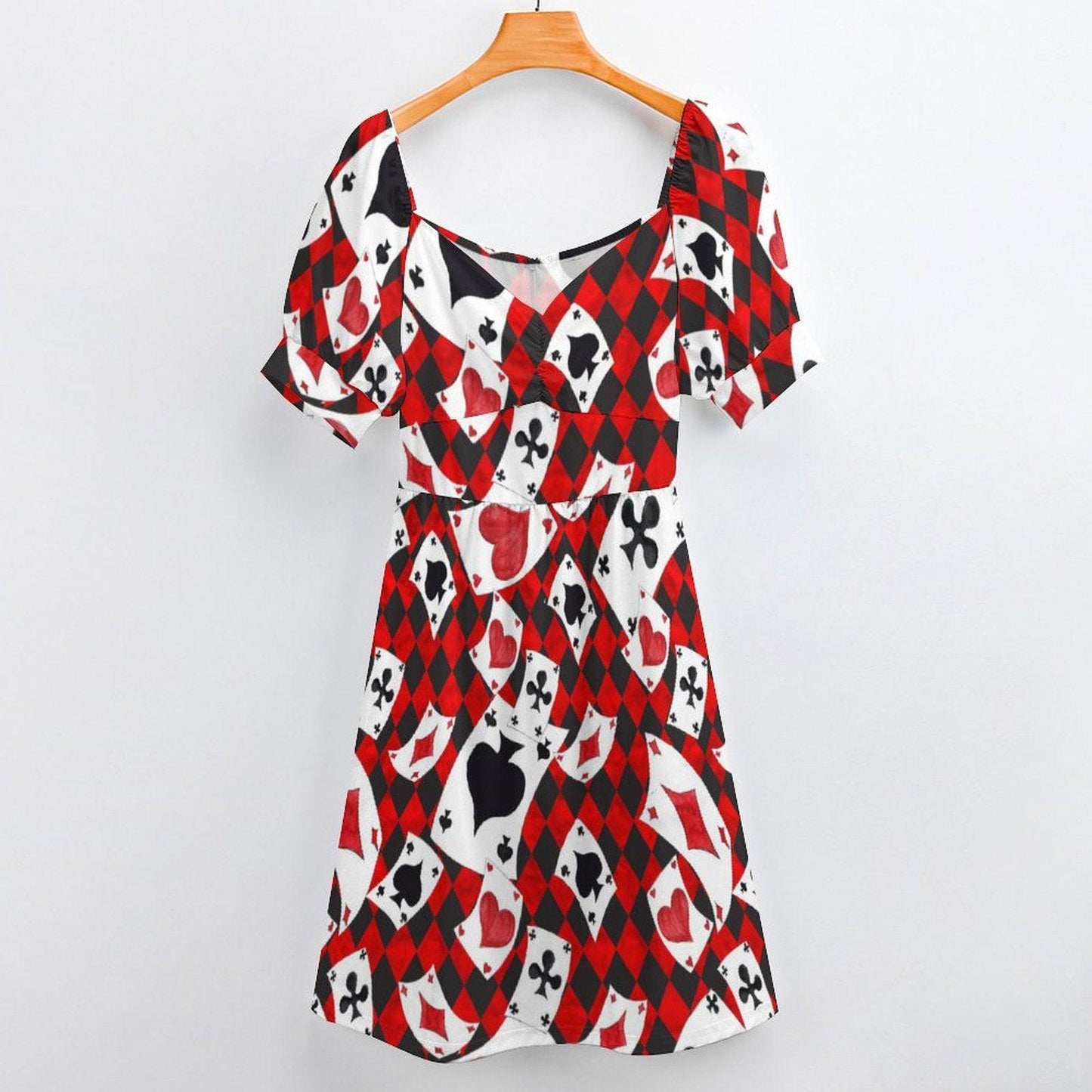 Card suit party dress, Alice inspired puff sleeve, queen of hearts mini dress, whimsical fairytale outfit, sweetheart themed fantasy dress