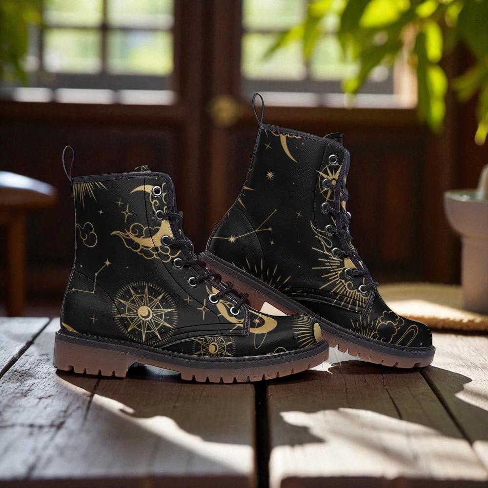 Star map shoes, cosmic chart boots, lunar eclipse footwear, dreamy sky lace ups, astrology ankle shoes, astral guide boots, cosmos footwear